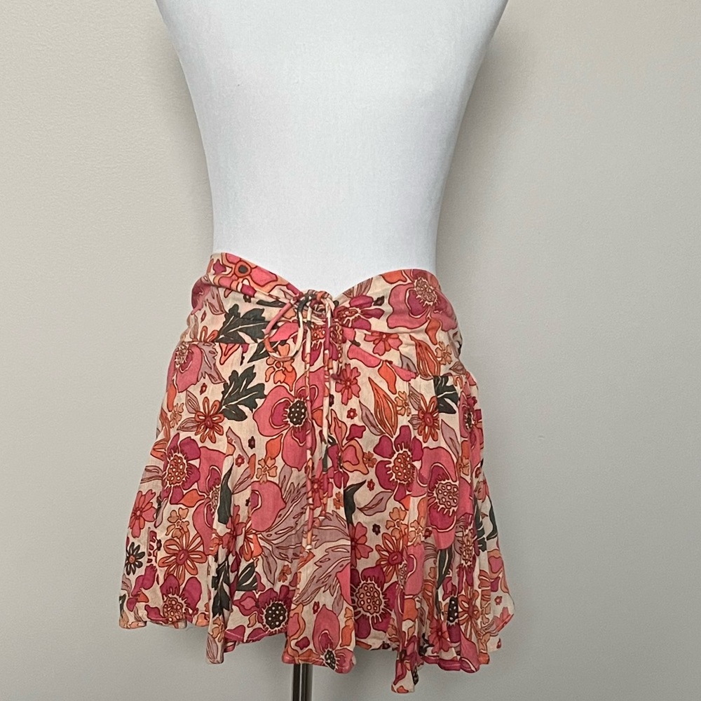 Free People Pink Orange Floral Tie-Waist Skort